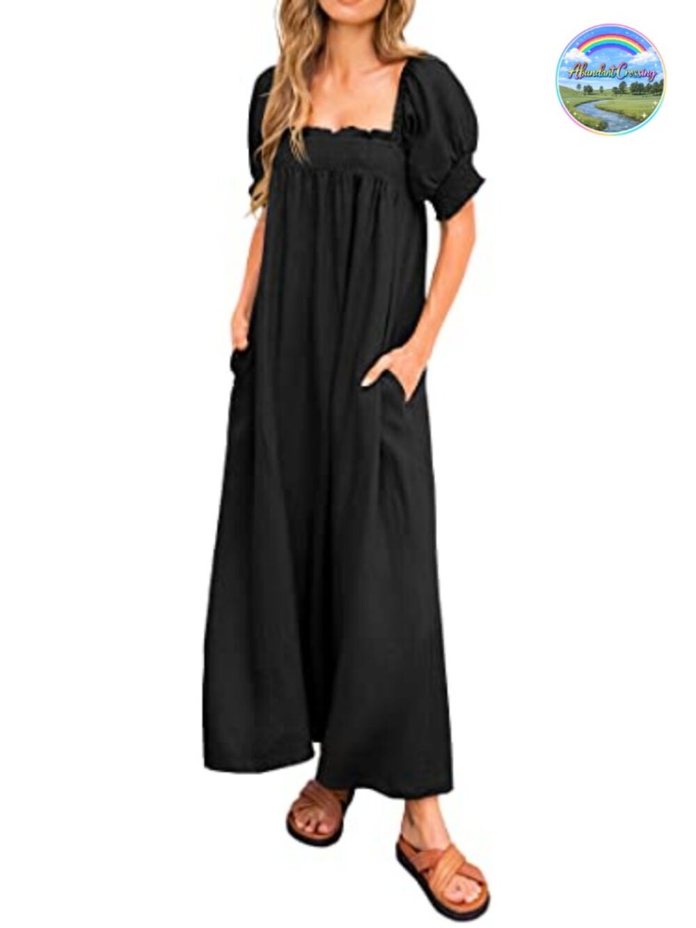 Womens Maxi Dress Puff Sleeve Square Neck Solid Casual Long